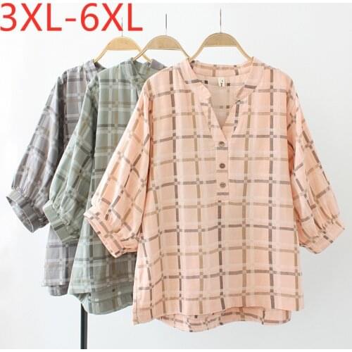 New 2021 Ladies Summer Plus Size Tops For Women Large Hlaf Sleeve Loose Cotton Plaid Green Pink V-neck Shirt 3XL 4XL 5XL 6XL