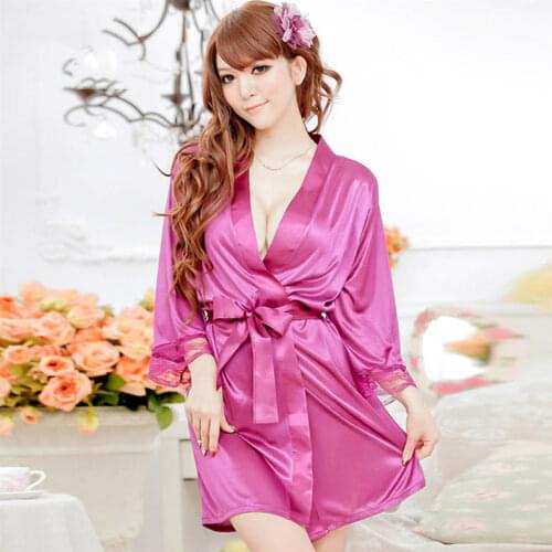 Plus Size Womens Erotic Lingerie Lace Imitation Ice Silk Nightdress Sexy See-through Satin Pajamas Ladies Kimono Bathrobe Dress