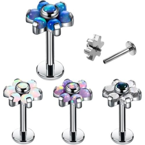 1PC G23 Titanium Labret Stud Rings Opal Crystal Flower Ear Tragus Earring Conch Piercing Dermal Anchor Tops Lip Piercing Jewelry