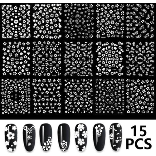 15pcs Flowers Nail Stickers 3D White Stickers for Nails Decals Tips Nail Art Decoration