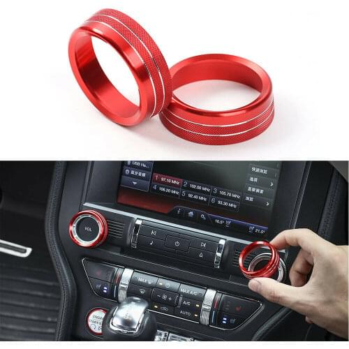 2Pcs Aluminum Red Air Condition Knob Audio Volume Control Button Circle Decoration Trim Ring Cover For Ford Mustang 2015-2020