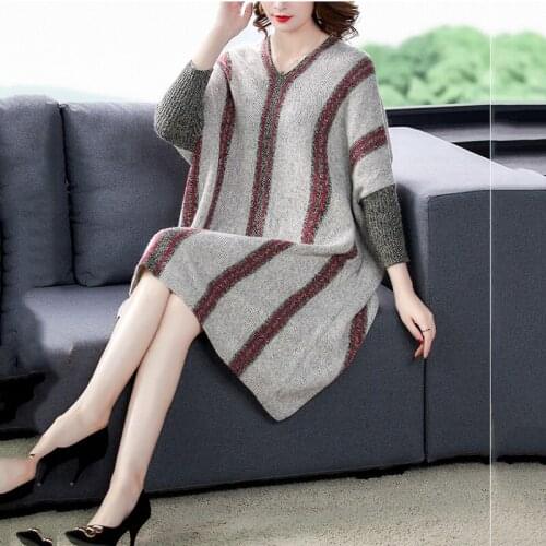 2021 spring autumn new plus size womens temperament mid-length striped wide lady bat sleeve sweater dress female 5xl s136