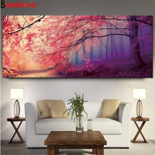 Red tree Diamond embroidery full square round drill, mosaic picture of rhinestones 5d diy diamond painting Foggy woods decor