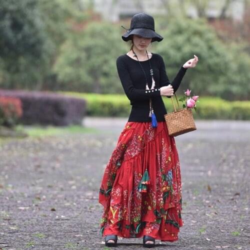 Free Shipping 2020 New Fashion Long Maxi A-line Elastic Waist Women Spring Summer S-2XL High Quality Print Vintage Red Skirts