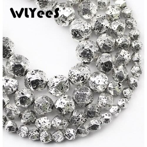 Faceted Round Plated Ancient Silver Lava Stone Beads 6 8 10mm Natural Volcanic Rock Loose Beads For Jewelry Making DIY Bracelets