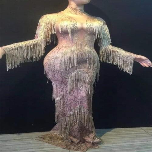 D41 Women Rhinestones Tassels long dresses Long Sleeve Crystals skirt Stage Outfit dance costumes party wear pole dance show dj