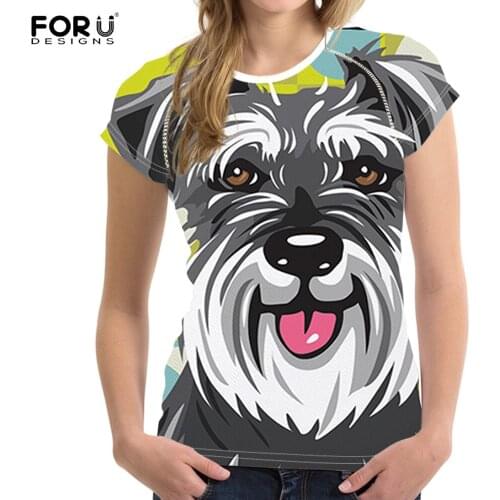 FORUDESIGNS Schnauzer Dog Painting Design Women 3D Prints Tops Tshirts Short Sleeve Summer Beach Tee S-XXL T-shirt las camisetas