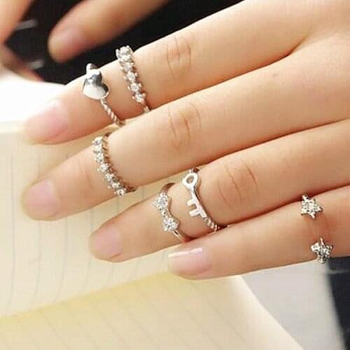 Abdoabdo Gem Star Ring Bow Key Peach Heart 6 Piece Ring Set Gold Silver color Rings For Women Bagues Pour Femme Jewelry Anillos