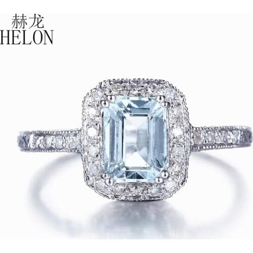 HELON 925 Sterling Silver Emerald Cut 5x7mm Genuine Aquamarine & Diamond Engagement Wedding Ring For Women Vintage Fine Jewelry