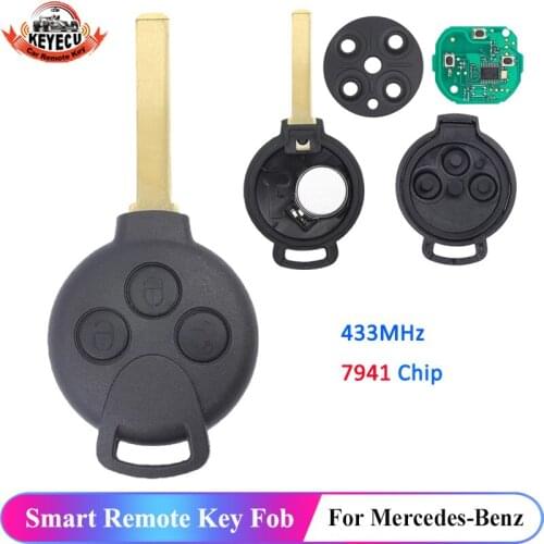 KEYECUNew Uncut Remote key Fob 3 Button 434MHz 7941 Chip for Smart Fortwo 2007-2013