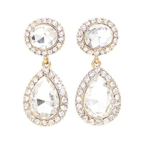 Classic Double Big Glass Stone Pave Crytal Water Drops Earring Women
