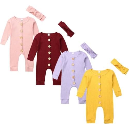 2020 Newborn Baby Girls Boys Spring Autumn Romper Long Sleeve Soild Cotton Knitted Jumpsuit + Headband 2pcs Outfit Clothes 0-18M