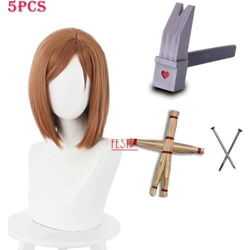 Japanese Anime Jujutsu Kaisen Kugisaki Nobara Hair Cosplay Short Wig Props Resin Hammer Little Grass Doll + Free Wig Cap Woman