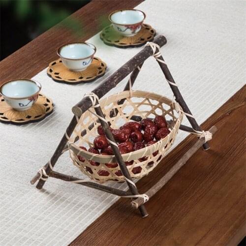 Creative Handmade Bamboo Weaving Dessert Dried Fruit Storage Basket Nuts Snack Dish Picnic Bread Tray Kitchen Food Container