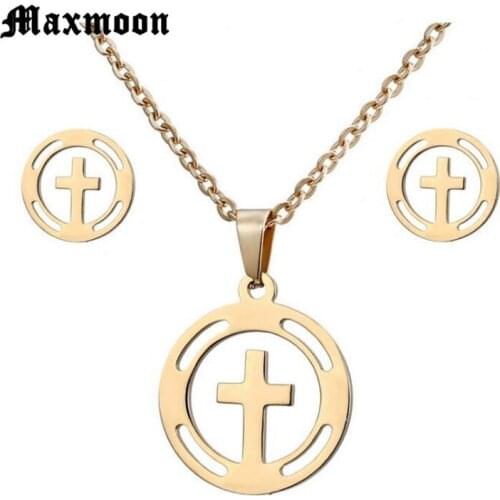 Maxmoon Chic Simple Style Cross Pendant Necklace With A Pair Earrings Fashion Jewelry Set Stainless Steel Gold Color