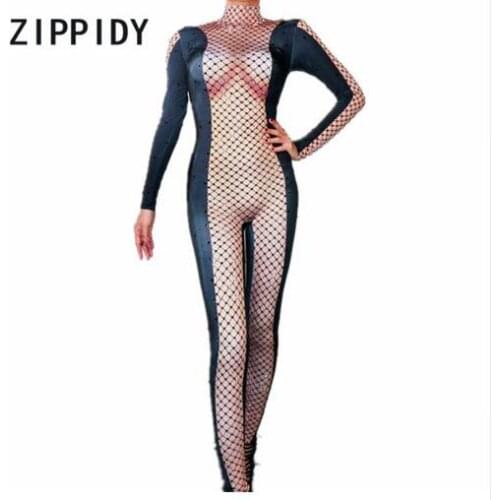 Fashion Black Rhinestones Mesh Printed Sexy Nude Female Singer Bodysuit Nightclub Womens Birthday Party Stage Show Clothes