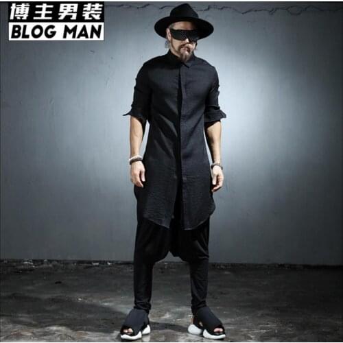 2020 Summer Thin Fluid Long-sleeve Shirt Men Medium-long Linen Shirt Long Gown Hairstylist Nightclub Singer Costumes Clothing