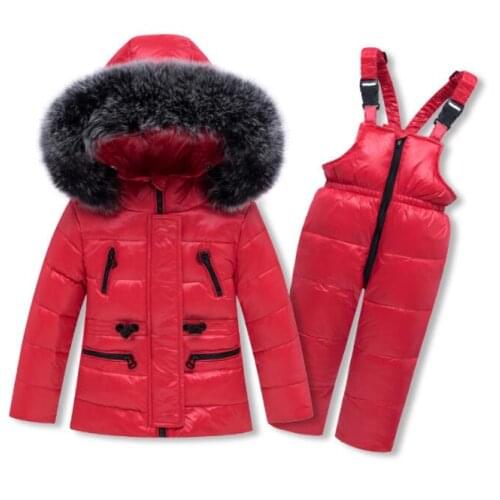 NEW Winter Girls Boy Russia Down Jacket Clothing -30 Degrees Hooded Fur Coat+overalls Toddler Jumpsuit Children Warm Clothes Set