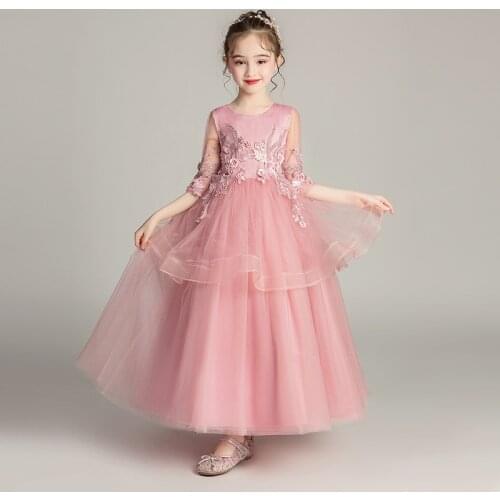 Summer New Girls Tulle Gown Flower Girl Dress For Weddings Sweet Flower Beading O-neck Half-sleeve Big Girls Long Ball Gown