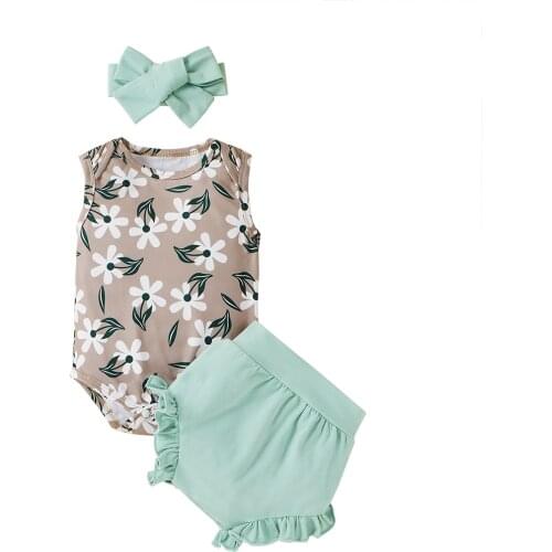 Newborn Baby Clothes Boys Girls Fashion Sleeveless Print Romper High Waist Shorts Headband Childrens Clothing Summer Outfit Set