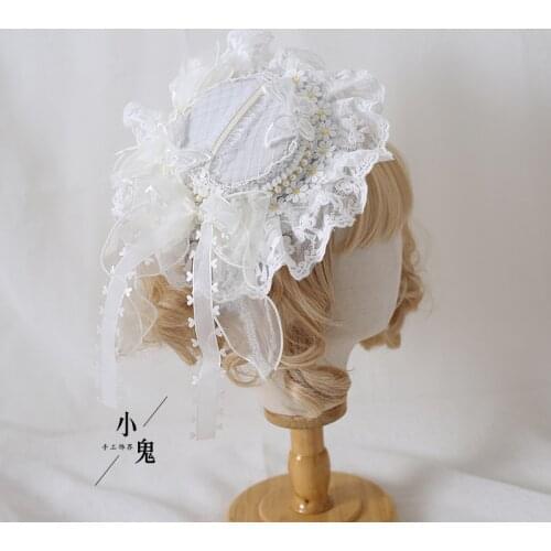 Original Hand-Made Vintage Lolita Tea Party Hats Women White Lace Caps Princess Cosplay Headwear Medieval Hair Accessories