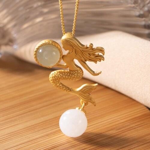 Natural hetian jade Hand-Carved jade mermaid jade pendant jade necklaces jewelry silver necklace with 925 sterling silver