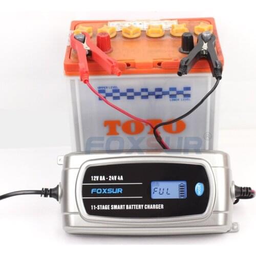 FOXSUR 12V 24V 8A Fully Automatic Battery Charger with LCD Display, Waterproof Truck Car Battery Charger, Lead Acid Batt Charger