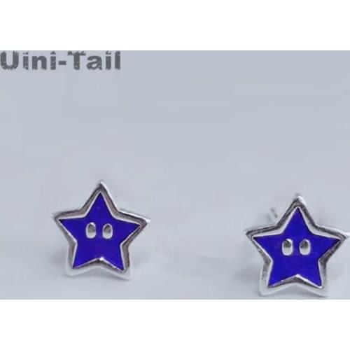 Uini-Tail Hot New 925 Sterling Silver Small Fresh Sweet Star Stud Earrings Simple Small Epoxy Blue Star Smiley Stud Earrings