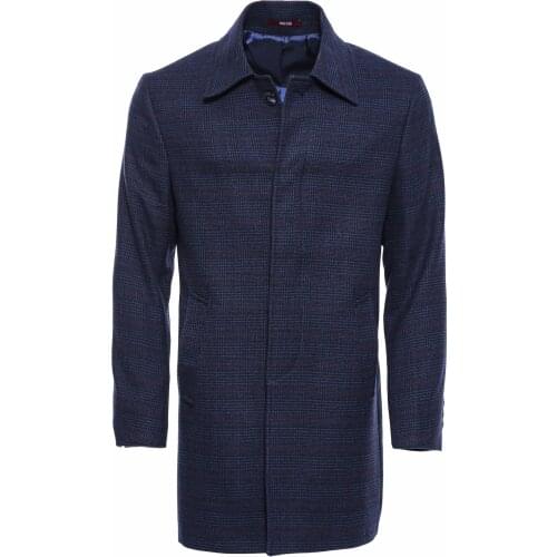 Navy Blue Checked Hidden Button Coat