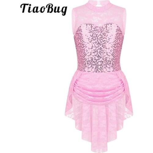 TiaoBug Kids Sleeveless Floral Lace Sequins Keyhole Back Figure Ice Skating Dress Girls Gymnastics Ballet Leotard Dance Costume