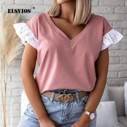 Women Casual V Neck Short-sleeve Solid T-shirt Summer 2021 New Fashion Lace Patchwork Top Ladies Elegant Slim Spring Office Tops