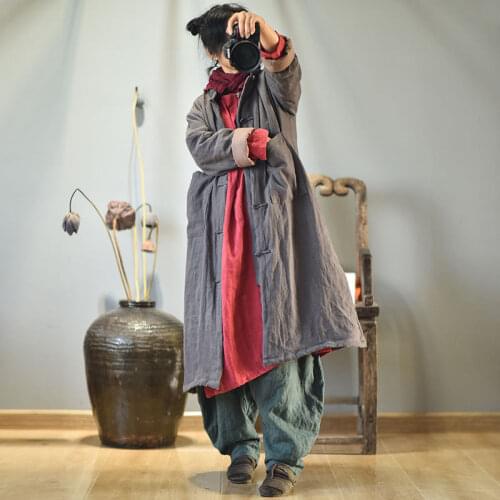 Women Loose Padded Coat Parkas Female Vintage Solid Color Winter Long Coat Ladies Retro Linen Outerwear Overcoat Topcoat 2020