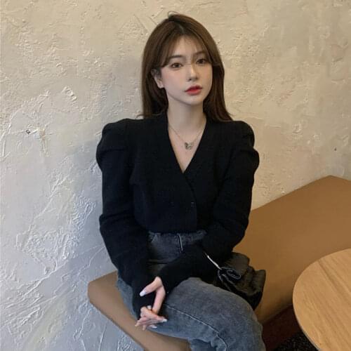 Woman Sweaters Cardigan Air Blue Puff Sleeve Sweater For Women Slim-Fit Knitted Cardigan Winter Top Clothes Sueters De Mujer