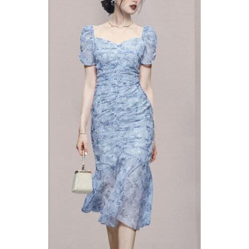 Women Flowers Dress 2021 Summer Vintage Elegant Temperament Square Collar High Waist Slim Chiffon Fishtail Party Dress Mujer