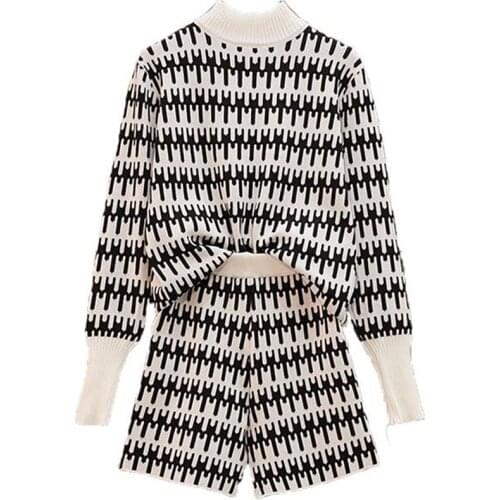 Women Vintage Plaid Knit Jumper Tops Pullovers+Wide Leg Shorts Sets Long Sleeve Sweater+Short Pants Knitting Suit