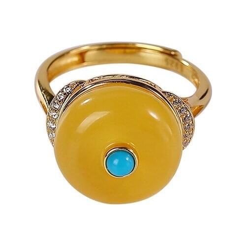 S925 sterling silver gold-plated natural amber turquoise ring personality retro peace buckle ladies ring
