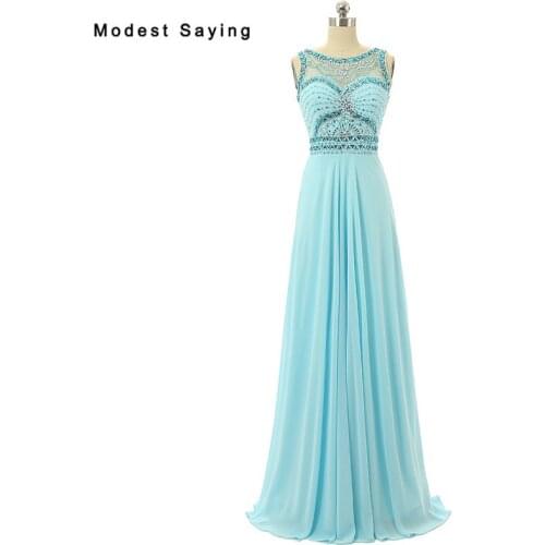 Elegant U Back Light Blue A-Line Beaded Evening Dress 2017 with Rhinestone Formal Women Party Prom Gowns vestido de festa longo