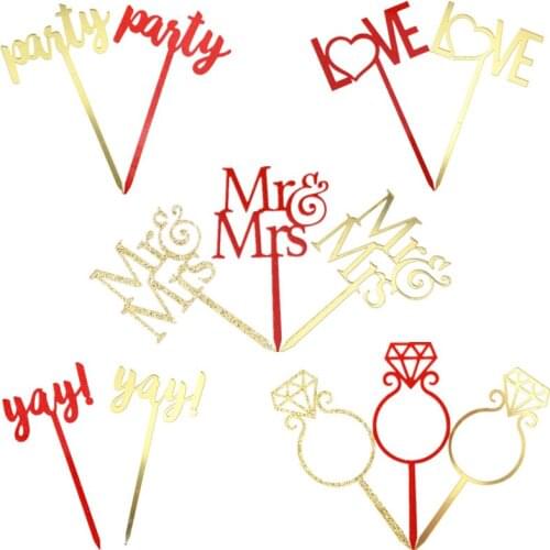 1pc Diamond Ring Bowtie Love Heart Cake Flag Topper Gold Red Acrylic Cake Flags For Wedding Anniversary Party Cake Baking Decor