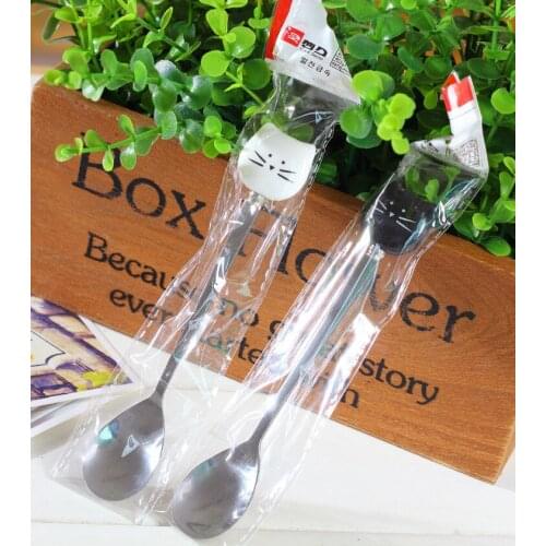 300pcs/lot Cartoon White Black Cat Spoon Stainless Steel Tea Coffee Ice Cream Spoons Tableware Decor lin4891