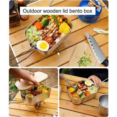900ml Outdoor Camping Picnic Portable Leakproof Thermal Insulation Stainless Steel Wooden Cover Lunch Food Container Bento Box