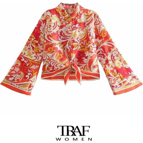 TRAF Za Women Fashion With Bow Tied Totem Print Asymmetry Blouses Vintage Long Sleeve Button-up Female Shirts Chic Tops