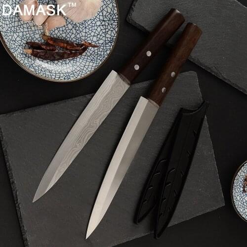DAMASK Slicing Fillet Knife Stainless Steel Cooking Kitchen Chef Knives Paper Sharp Blade Wood Handle Kitchen Cutlery Hot Sale