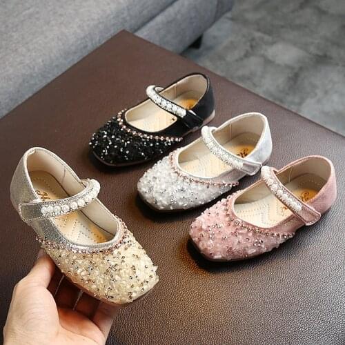 2020 New Children Casual Shoes Leather Girls Princess Flat Heel Party Shoes Sequins Bow Pearl Crystal Bling baby Casual Shoes