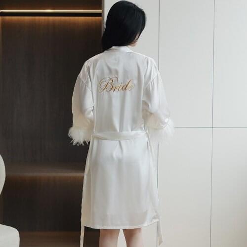 White Kimono Bathrobe Gown 2021 New Style Feather Sleeve Sexy Casual Nightwear Bride Bridesmaid Wedding Robe Short Sleepwear