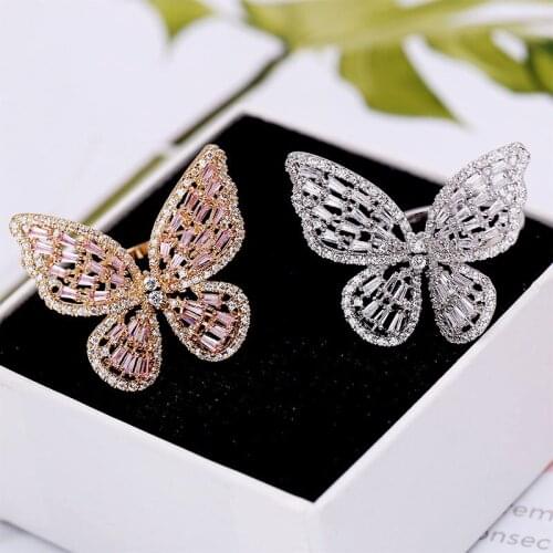 AAA Quality New Luxury Pave Premium Zircon Crystals Butterfly Rings Adjustable Free Ring Wedding Jewelry for Women