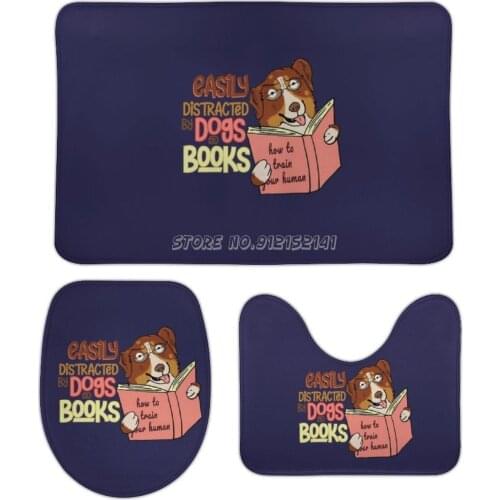 Easily Distracted by Dogs And Books Australian Shepherd 3pcs Bathroom Mats Set Printing Coral Velvet Non-slip Toilet Cover Mat B