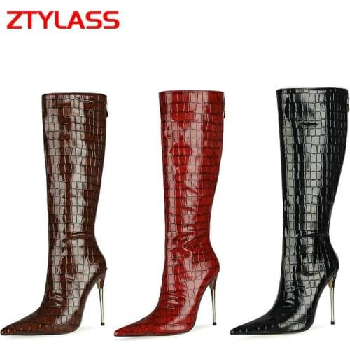 Fashion Zipper Patent Leather Women Knee High Boots Sexy Metal Thin High Heel Long Boots Stone Print Pointed Autumn Winter Boots
