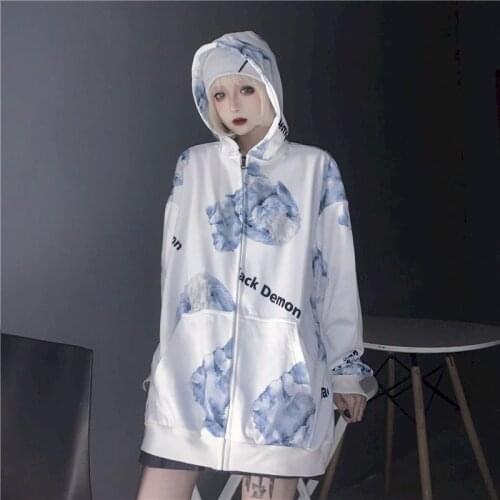 2021 Spring Autumn New Womens Hoodies Student Top All-match Loose Thin Jacket Trend Goth Sweatshirt Rabbit Print Women Clothing