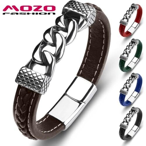 New Punk Mens Genuine Leather Stainless Steel Charm Bracelet Womens High Quality Fashion Jewelry Bangles Brown