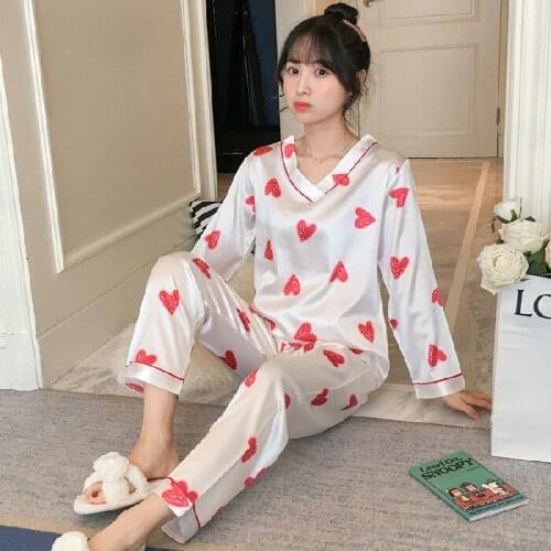 Imitation Silk Pajamas Womens Suit V-neck Long-sleeved Pajamas Women Ice Silk Loose Cartoon Ladies Home Service Two-piece Suit